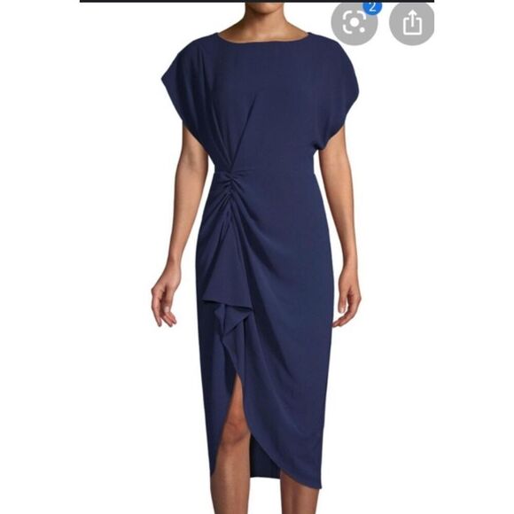 Misha Collection STUNNING Navy Blue Crepe Draped Kendall Dress w/Slit $340 Size - Picture 1 of 12